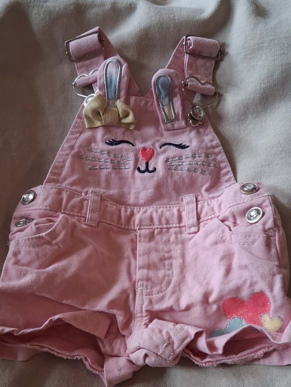 Pink Bunny Embroidered Baby Girl Short Overalls 0/3 Months